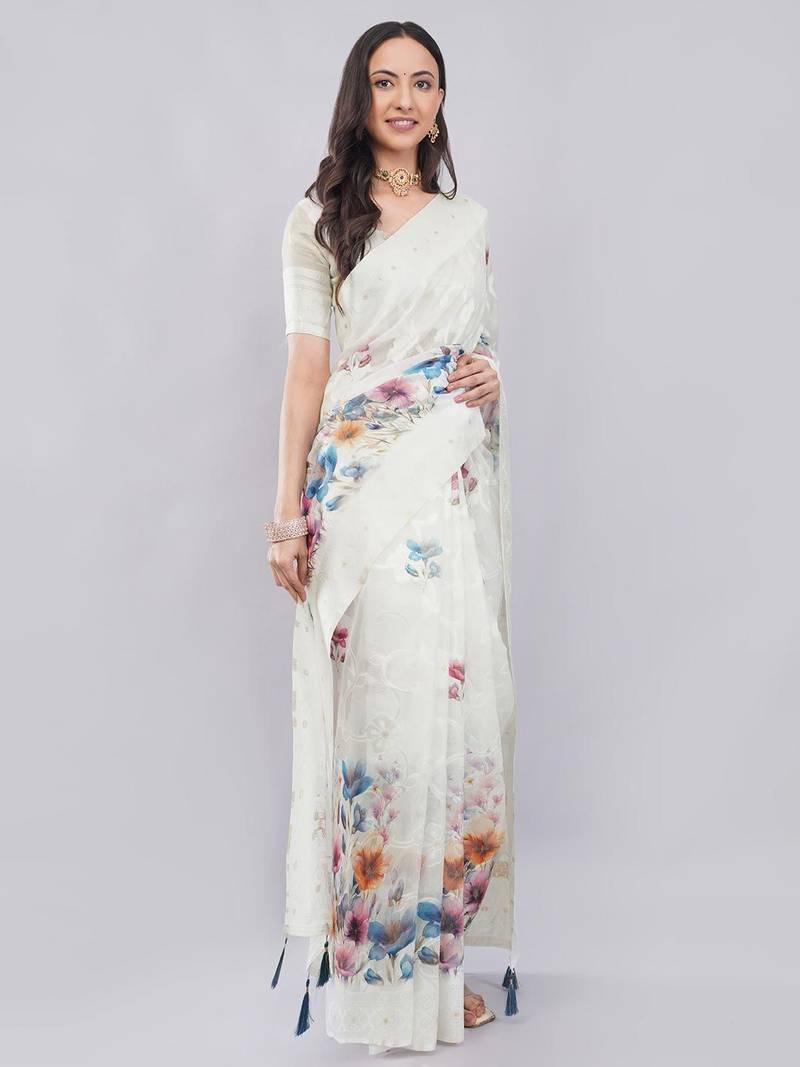 Off white silk blend printed saree with blouse
