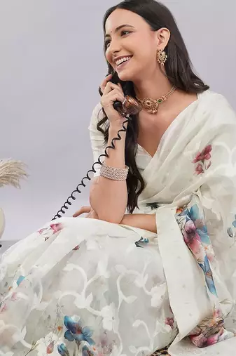 Off white silk blend printed saree with blouse