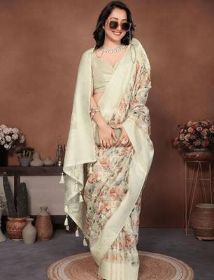 Off white silk blend printed saree with blouse 1
