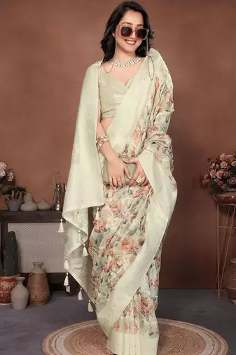Off white silk blend printed saree with blouse