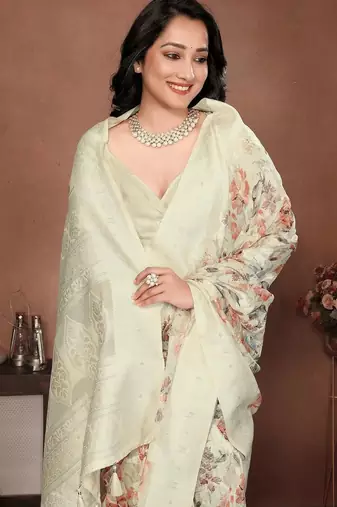Off white silk blend printed saree with blouse