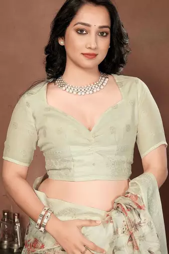Off white silk blend printed saree with blouse
