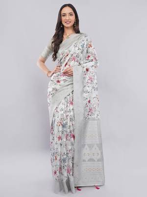 Grey silk blend printed saree with blouse 1