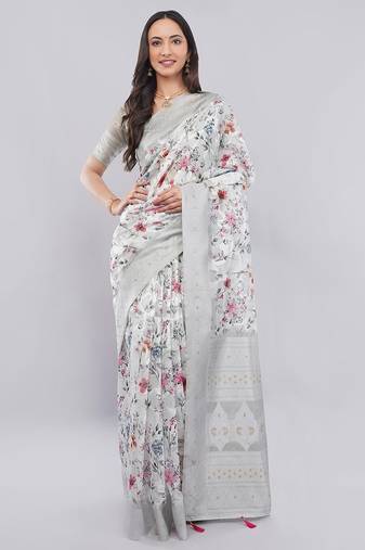 Grey silk blend printed saree with blouse