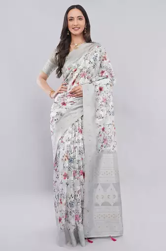 Grey silk blend printed saree with blouse