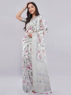 Grey silk blend printed saree with blouse 2