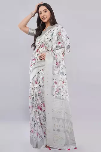 Grey silk blend printed saree with blouse
