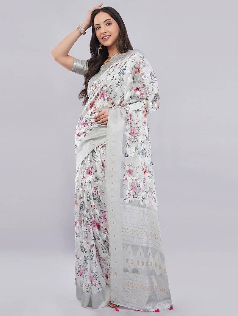 Grey silk blend printed saree with blouse