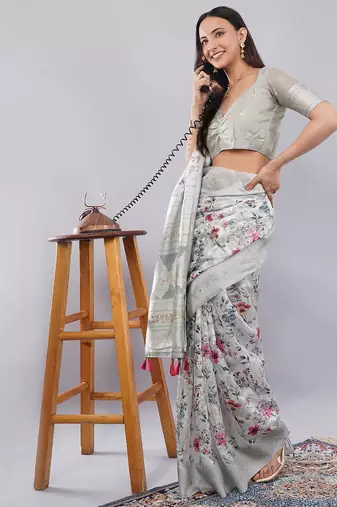 Grey silk blend printed saree with blouse