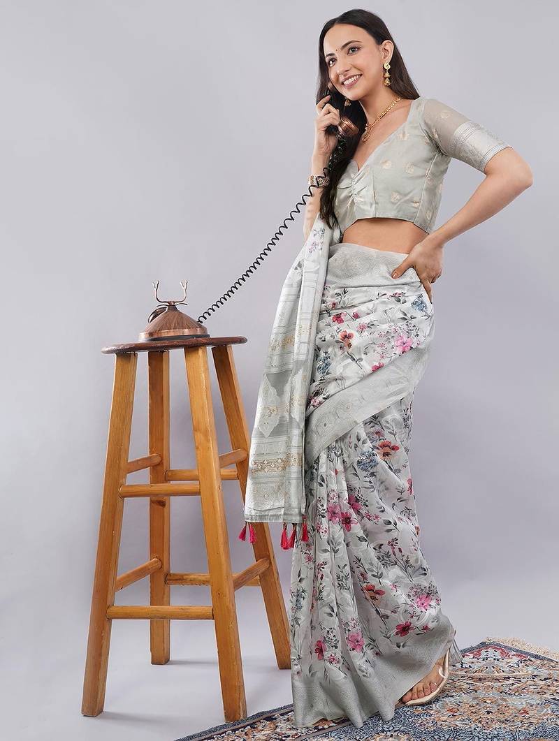 Grey silk blend printed saree with blouse