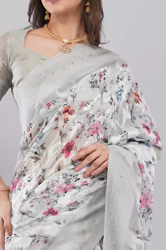 Grey silk blend printed saree with blouse
