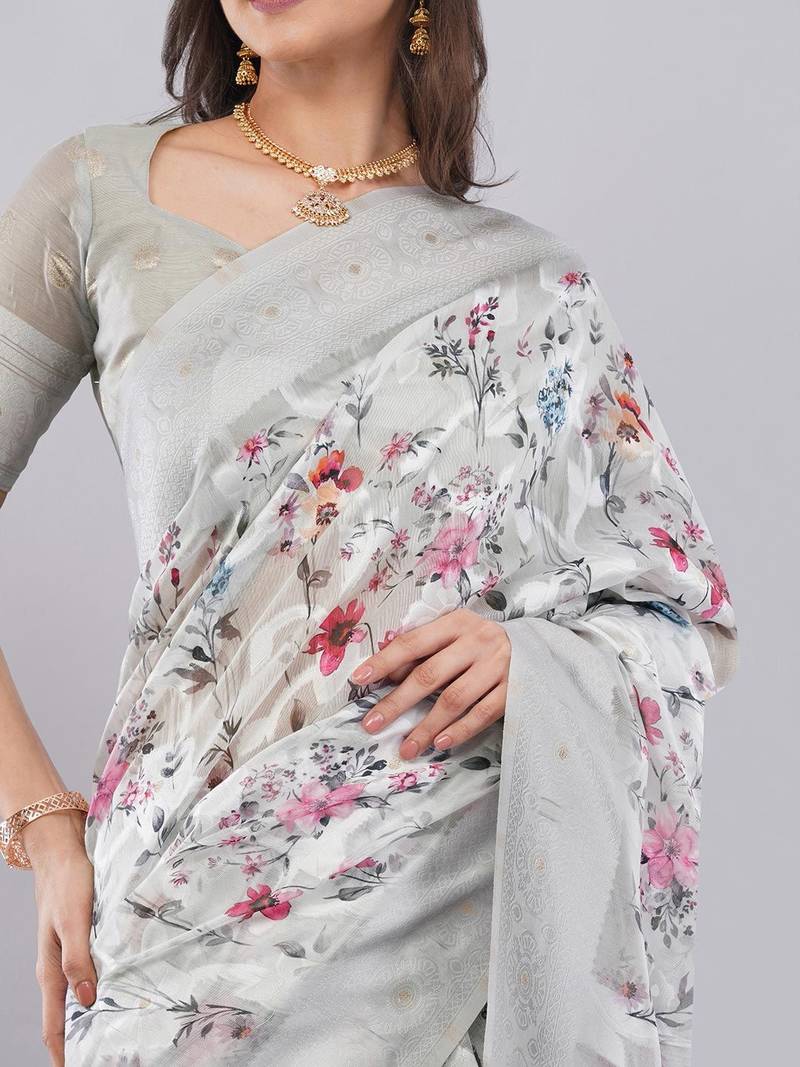 Grey silk blend printed saree with blouse
