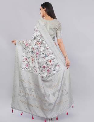 Grey silk blend printed saree with blouse 5