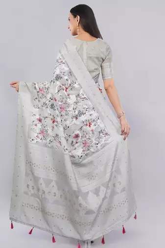 Grey silk blend printed saree with blouse
