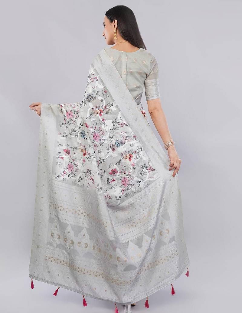 Grey silk blend printed saree with blouse