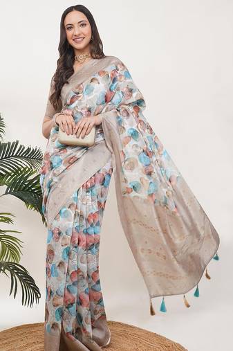 Beige silk blend printed saree with blouse