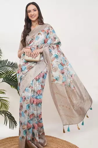 Beige silk blend printed saree with blouse
