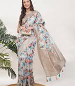 Beige silk blend printed saree with blouse