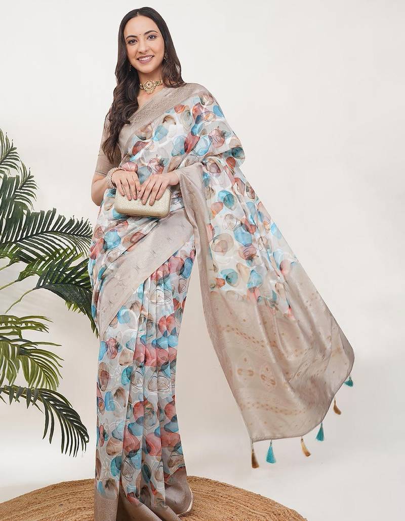 Beige silk blend printed saree with blouse