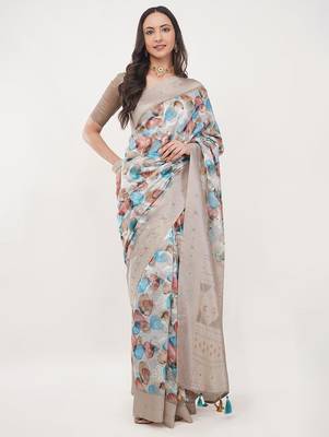 Beige silk blend printed saree with blouse 2