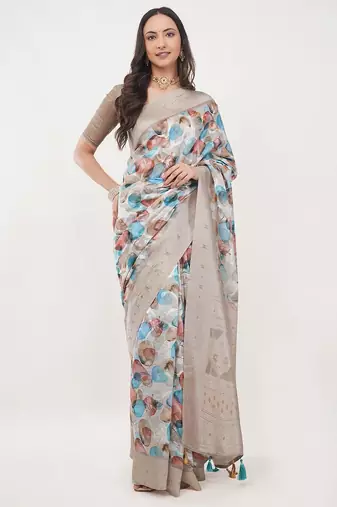 Beige silk blend printed saree with blouse