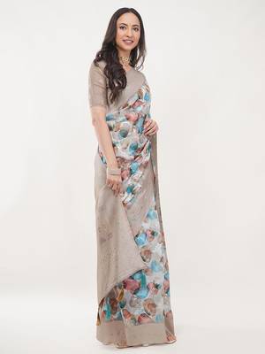 Beige silk blend printed saree with blouse 3