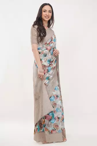 Beige silk blend printed saree with blouse