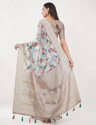 Beige silk blend printed saree with blouse 4