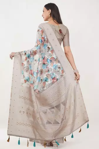 Beige silk blend printed saree with blouse