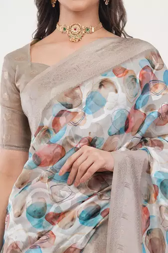Beige silk blend printed saree with blouse