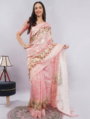 Peach silk blend woven design saree with blouse 1
