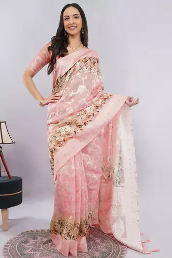 Peach silk blend woven design saree with blouse