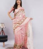 Peach silk blend woven design saree with blouse