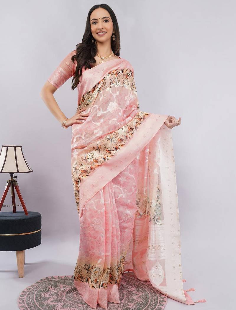 Peach silk blend woven design saree with blouse
