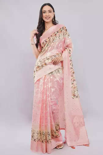 Peach silk blend woven design saree with blouse