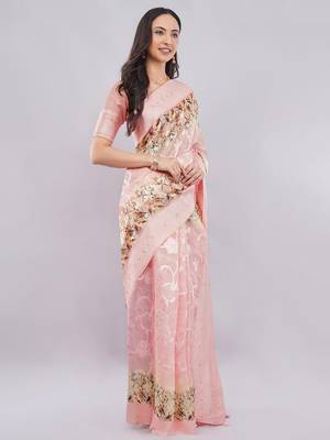 Peach silk blend woven design saree with blouse 3