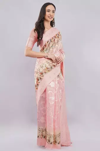 Peach silk blend woven design saree with blouse