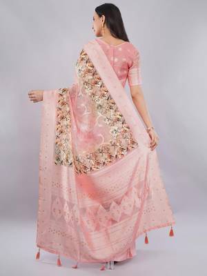Peach silk blend woven design saree with blouse 4