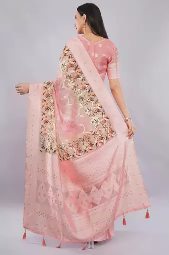 Peach silk blend woven design saree with blouse