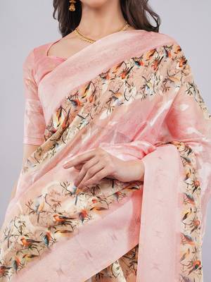 Peach silk blend woven design saree with blouse 5