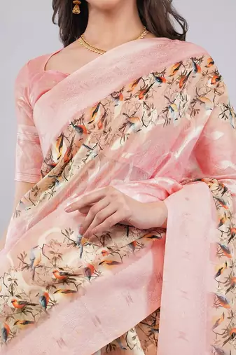 Peach silk blend woven design saree with blouse