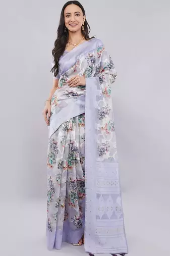 Lavender silk blend printed saree with blouse