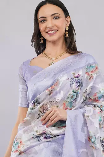 Lavender silk blend printed saree with blouse
