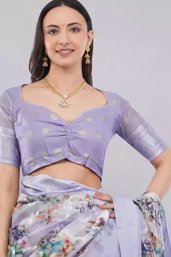 Lavender silk blend printed saree with blouse