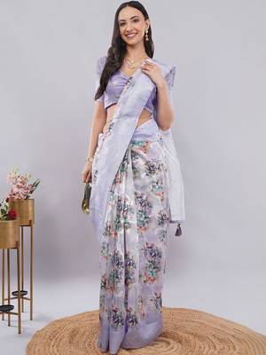 Lavender silk blend printed saree with blouse 5