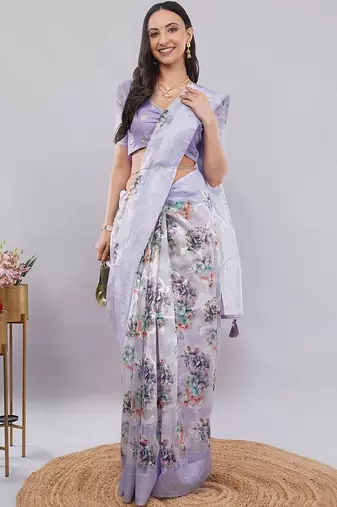Lavender silk blend printed saree with blouse
