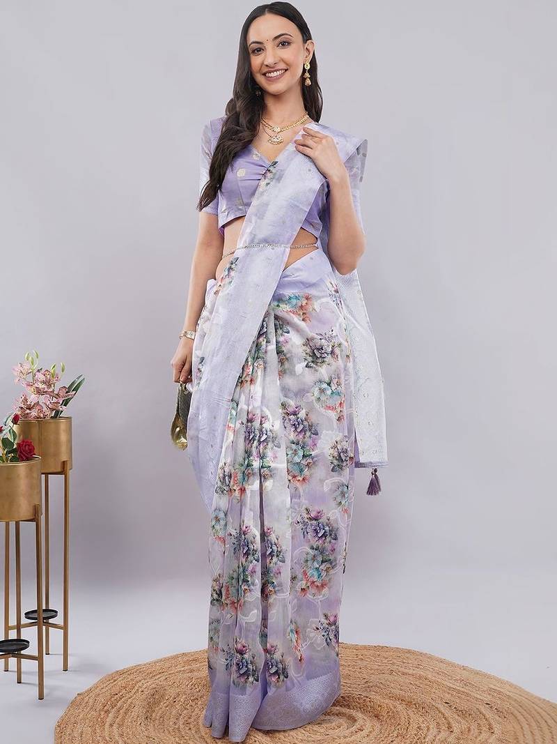Lavender silk blend printed saree with blouse