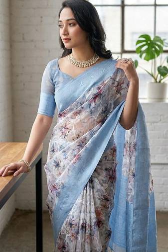 Multicolor silk blend printed saree with blouse