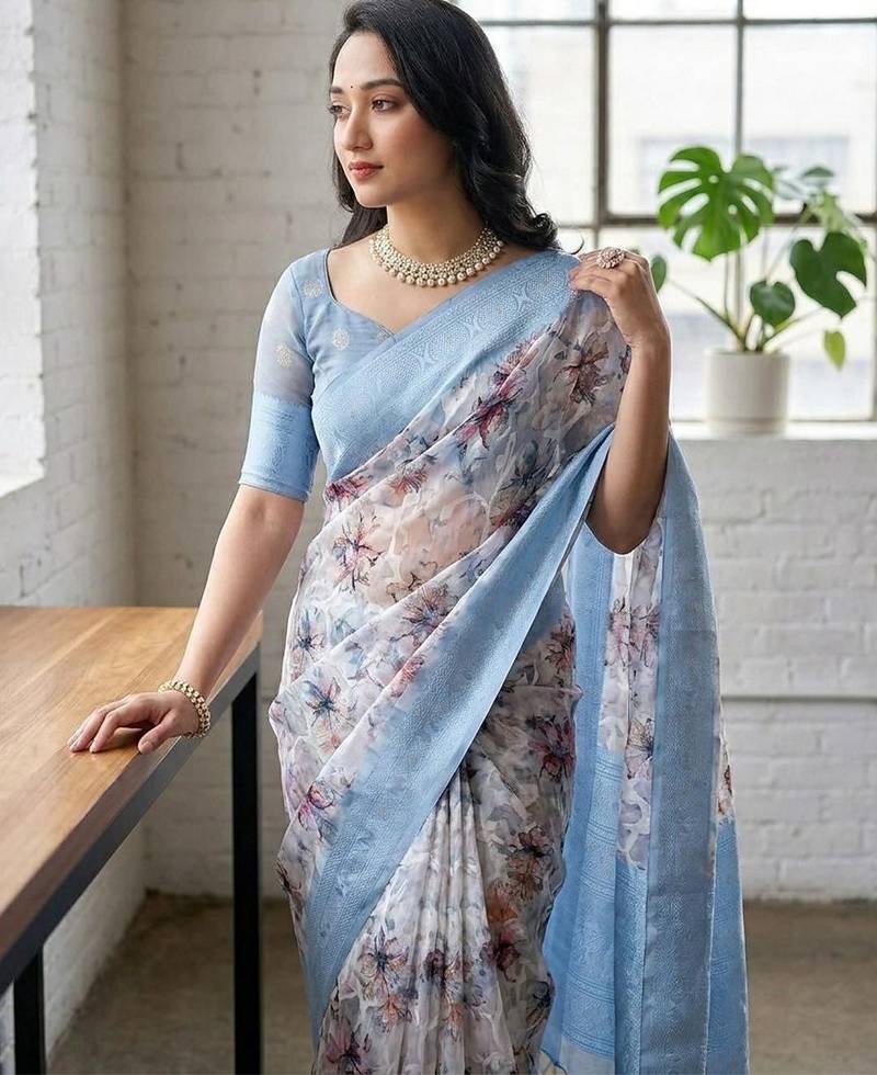 Multicolor silk blend printed saree with blouse