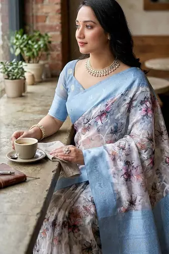 Multicolor silk blend printed saree with blouse